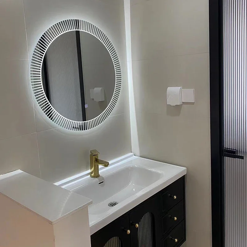 European Smart Bath Mirrors Wall Mounted Toilet Round Mirrors Home Bathroom Led Luminous Dressing Mirror with Touch Screen C