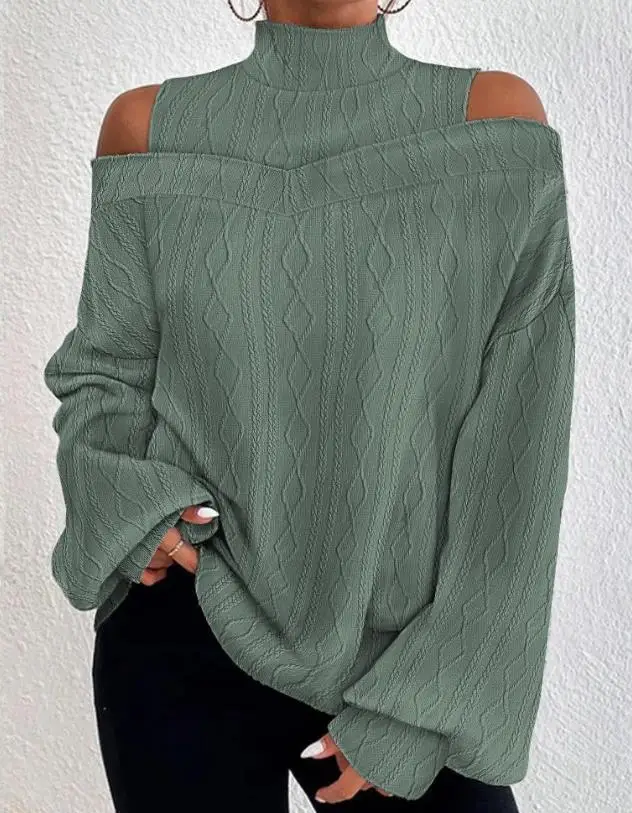 

Fashion Women Blouses 2023 Autumn Lantern Sleeve Cold Shoulder Long Sleeve Cable Textured Top Casual Tee Versatile Pullovre New