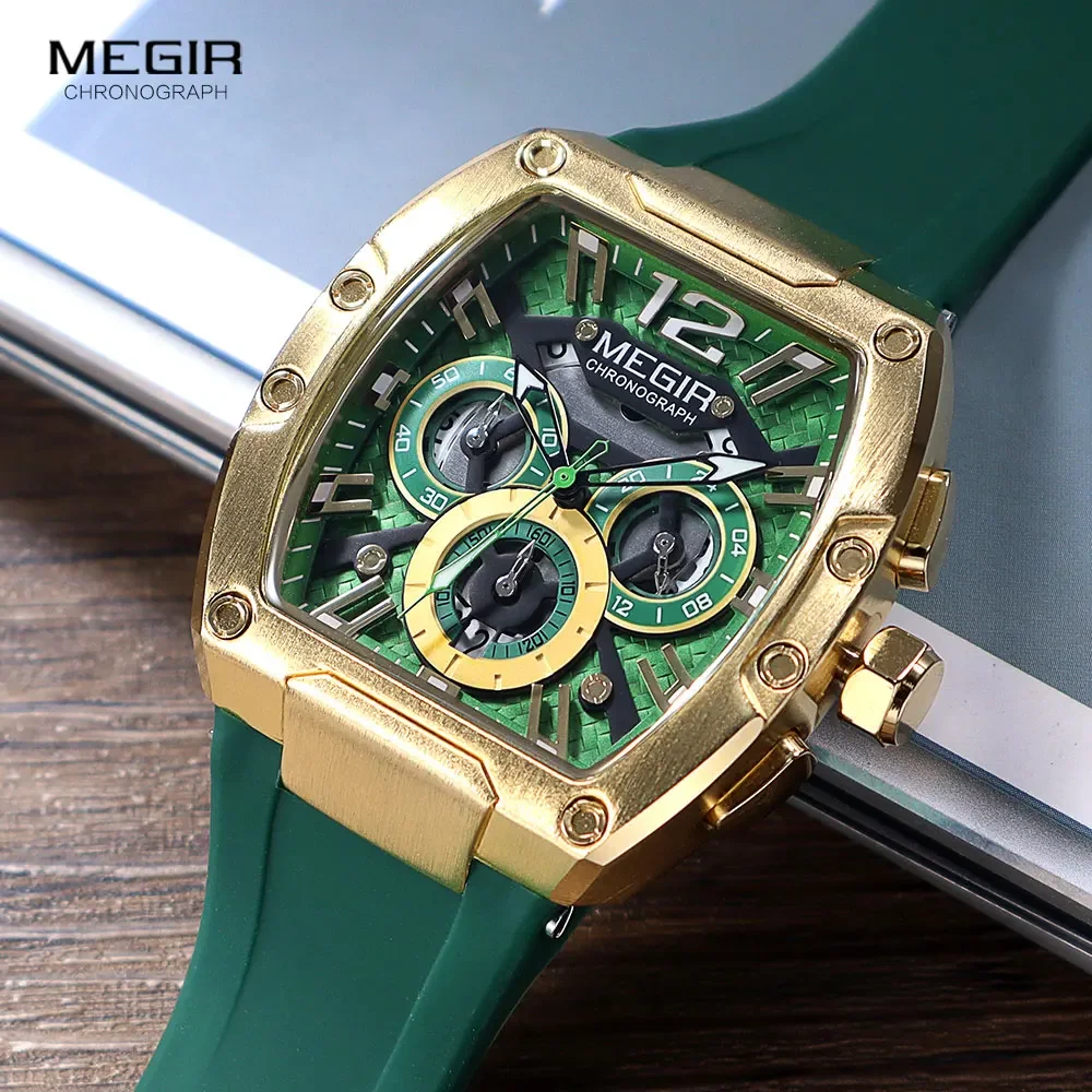 

New MEGIR Tonneau Watch for Men Fashion Chronograph Watch Sport Silicone Strap Waterproof Quartz Wristwatches Man Original Gifts