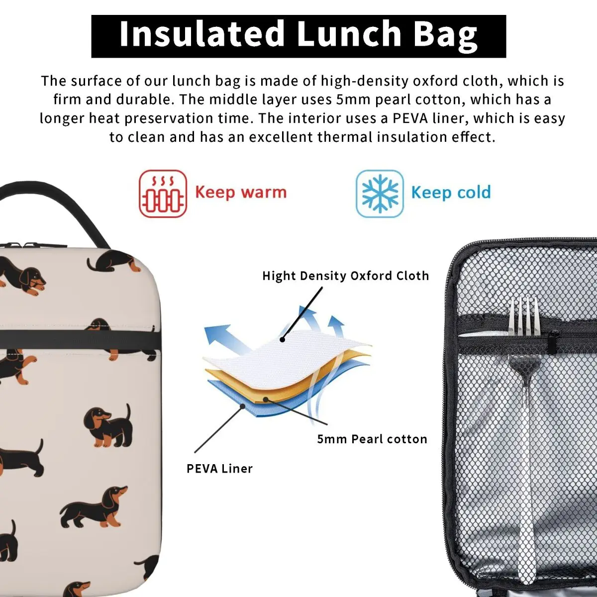 Cartoon Dachshund Insulated Lunch Bag Leakproof Gift Animal Dog Meal Container Thermal Bag Lunch Box Tote Beach Picnic