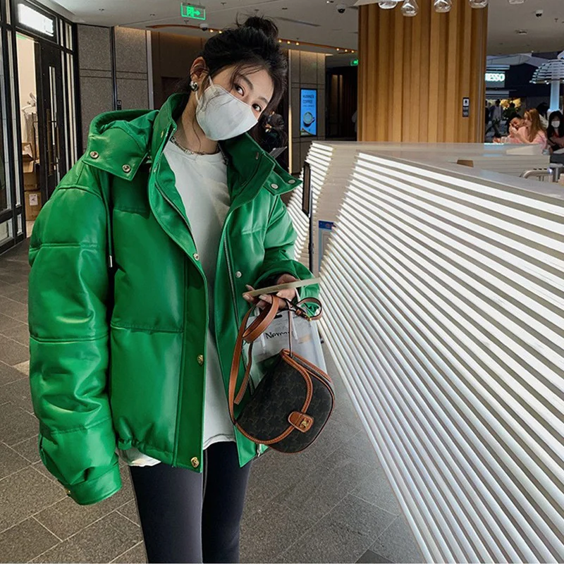 

Leather Down Jacket Women's Autumn Winter Sheepskin Tops Hooded Thicken Casual Loose Coat Warm Multicolor Outerwear