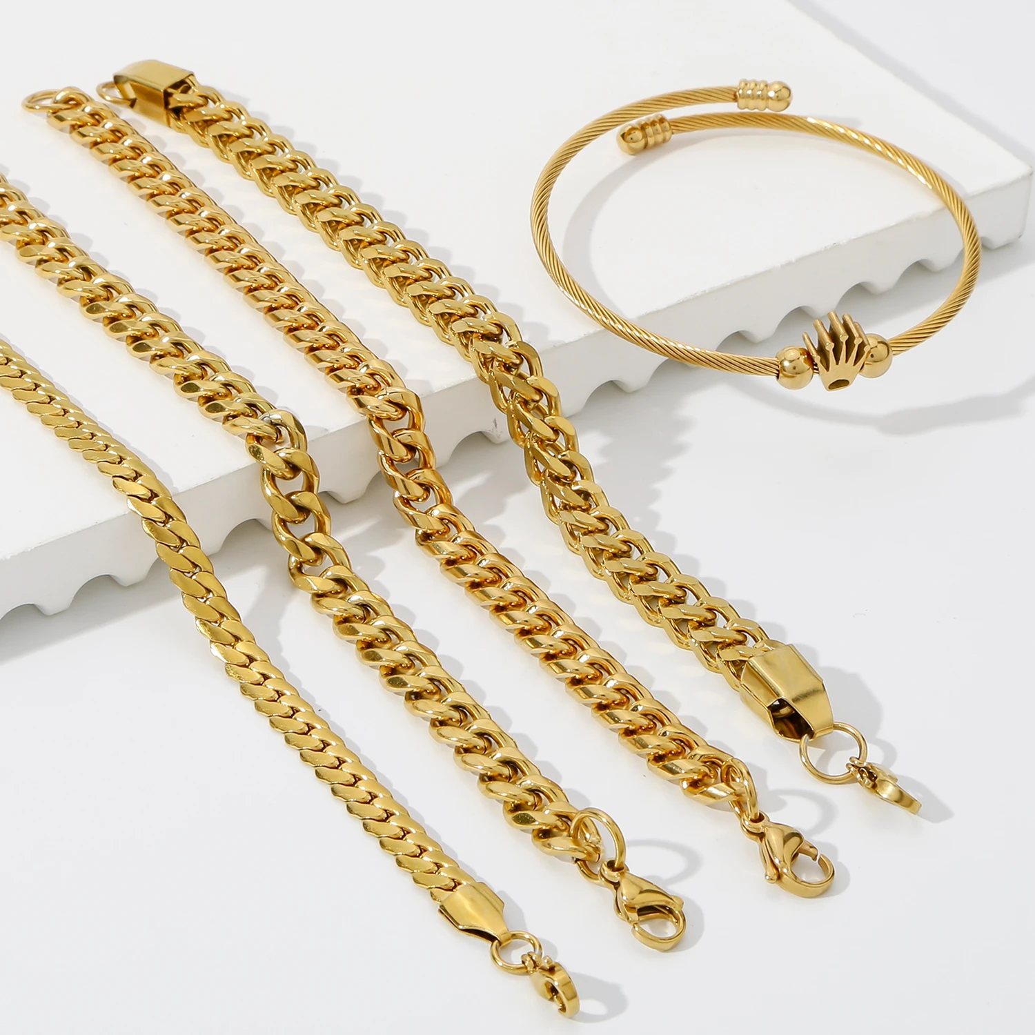 HIYEE 쿠바 NK 링크 체인 팔찌 남성용, 스테인레스 스틸, 클래식 펑크, 여성용 쥬얼리 선물, 18k 골드 컬러, 스퀘어 뱅글 세트 