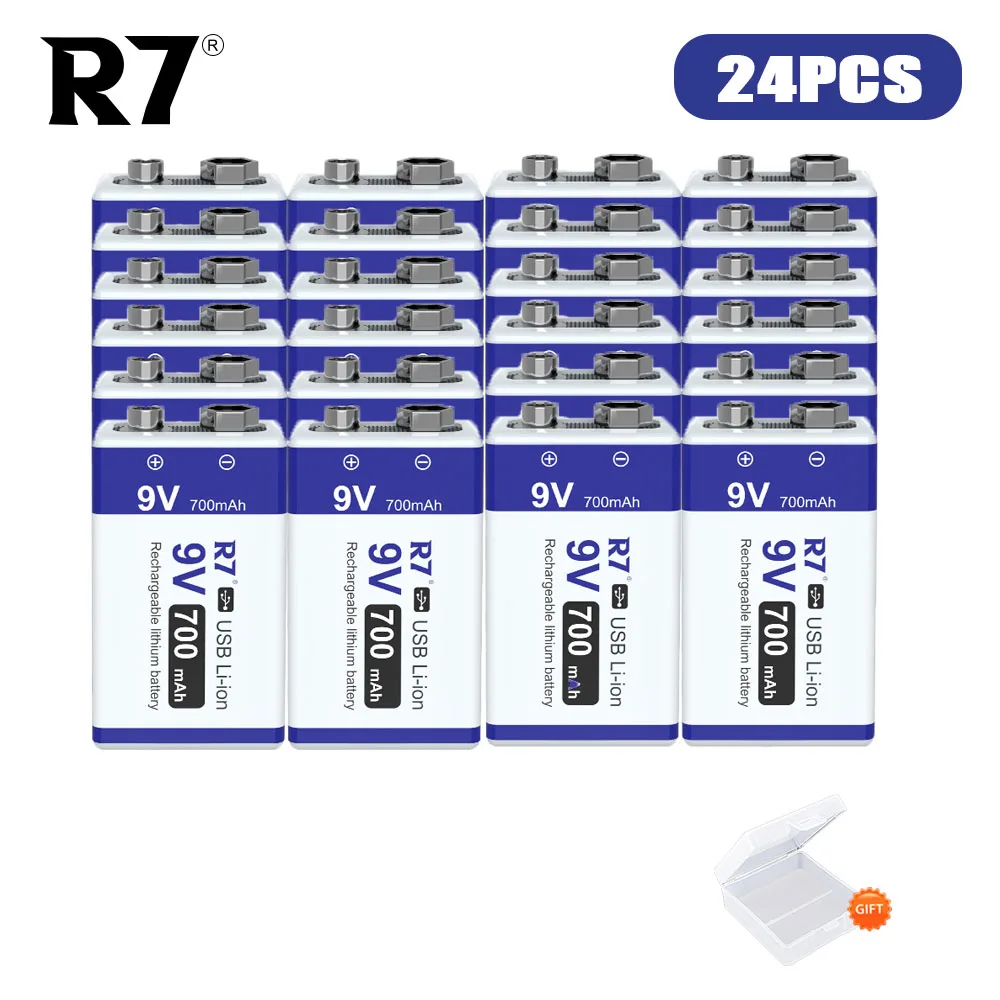 

24PCS R7 USB 9V Li ion Rechargeable Battery 6F22 9 Volt Lithium Battery for Metal Detector Microphone Toys