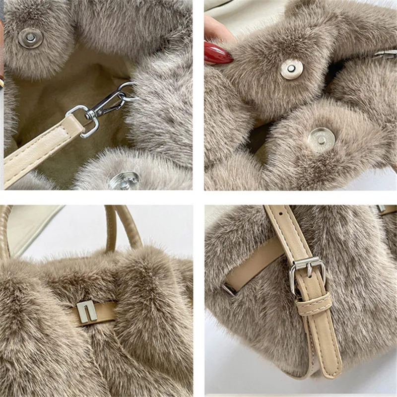 Chic Plush Women's Tote Bag, Imitation Mink Fur Women Handbag, Vegetable Basket Bag, Pleated Bag, Stylish Shoulder Crossbody Bag
