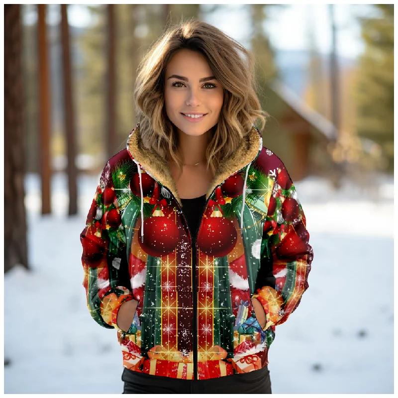 

Christmas theme women's zipper hoodie plaid color print fashion winter wear long sleeved casual hooded jacket wool