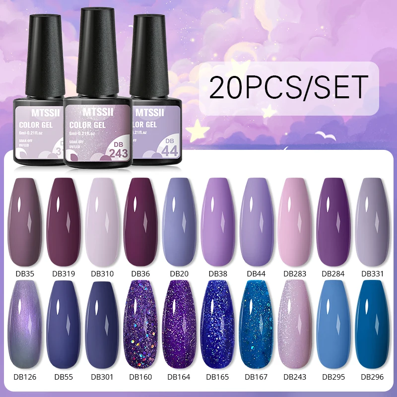

20/10PCS Gel Nail Polish Set Purple Glitter Semi Permanent Soak Off UV Led Hybrid Gel Varnishes Base Top Coat Nail Art Gel Kits