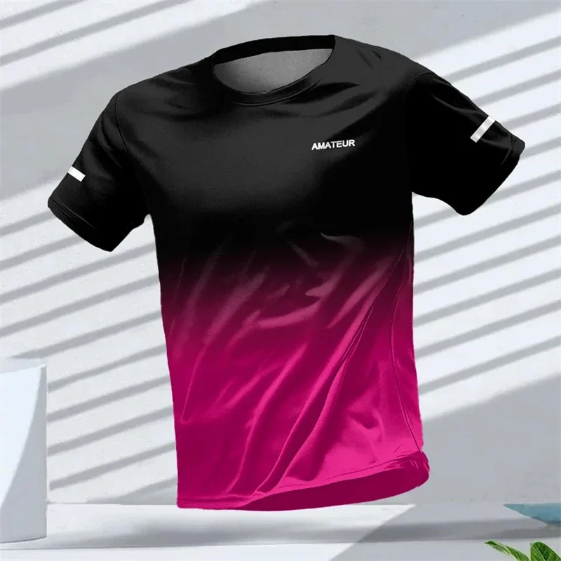T-shirt da uomo per sport all'aria aperta, top unisex a maniche corte ad asciugatura rapida con stampa 3D standard con motivo sfumato. - immagine 5