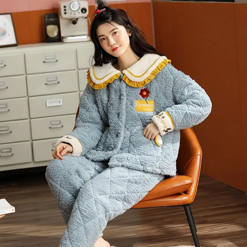 2024 New Coral Velvet Pajamas Women's Autumn Winter Three-layer Padded Plush Sleepwear Girls Warm Hooded Flannel Loungewear Set