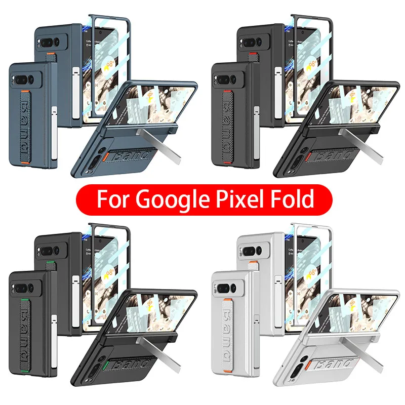 

Magnetic Hinge Wrist Band Case For Google Pixel Fold 5G Case with Glass Film Protective Holder Hard Plastic Cover For Pixel Fold