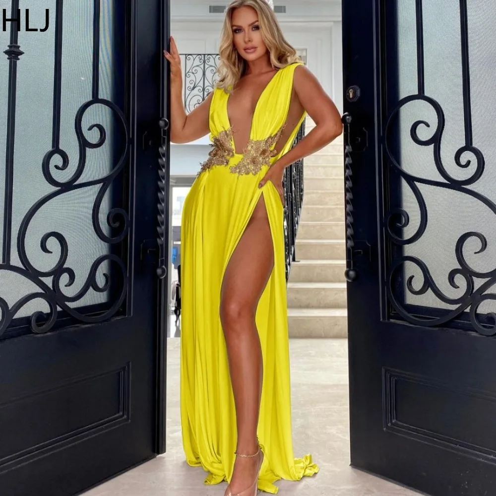 

HLJ Fashion Deep V High Slit Large Skirt Hem Evening Party Dresses Women Sleeveless Backless Slim Vestidos Sexy Solid Streetwear