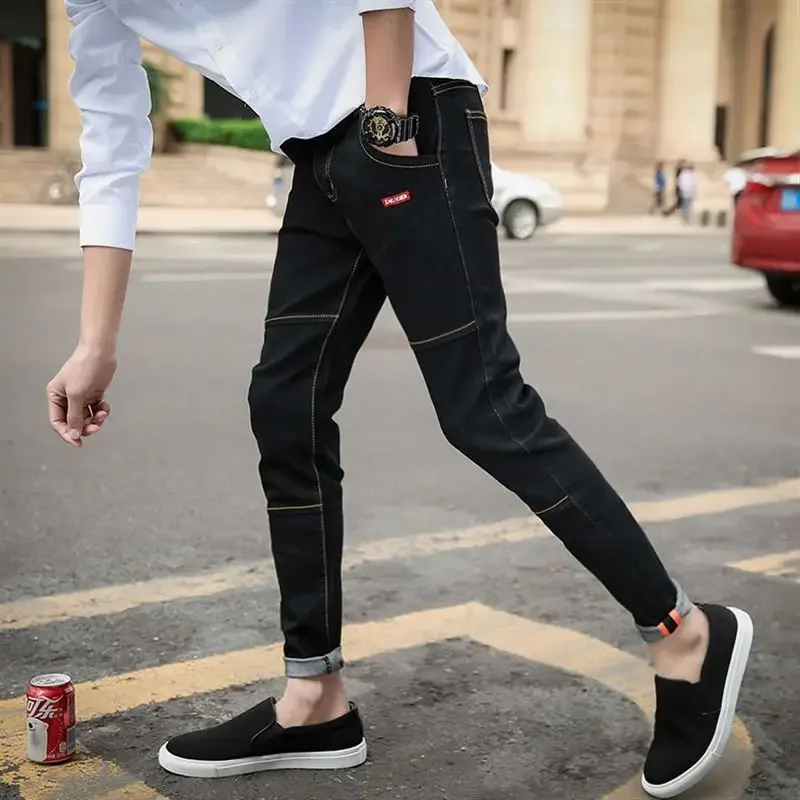 Pantalones vaqueros ajustados y recortados para hombre, con bolsillos, estilo coreano, Kpop Y2k, ropa de calle, invierno