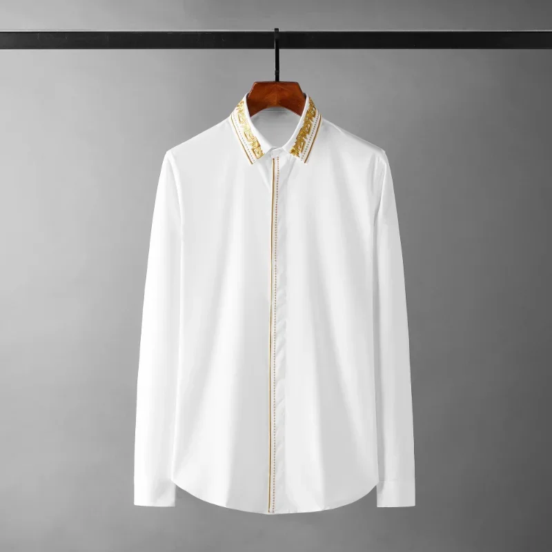 Cotton Long Sleeve Male Shirts Luxury Solid Color Floral Embroidery Casual Mens Dress Shirts Slim Fit Party Man Shirts