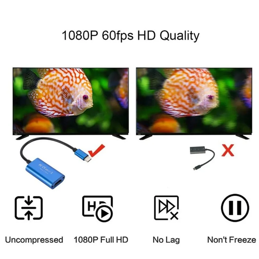 Video Capture Adapter Portable HD 1080P Type C to HDMI for PC Game Camera Recording
