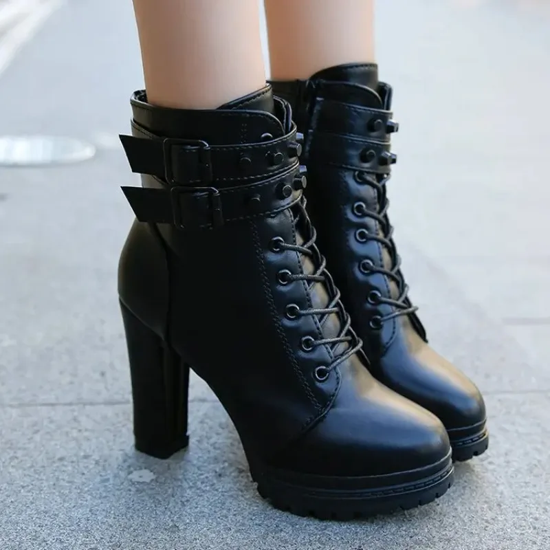 

2023 New Women Boots Ankle Boots for Women Lace Up Square Heel Winter Shoes Casual Super High Heel Boots Botas Mujer