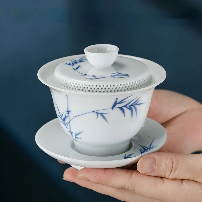 Chinese Kung Fu Teaware 360 &deg; Filtered Tea Bowl Sheep Fat Jade White Porcelain Gaiwan Anti Scalding Design Ceramic Tea Cup Set tea set