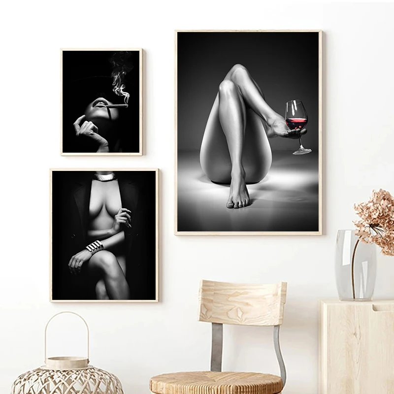 감각적 인 예술 Sext 뜨거운 누드 여자 바디 포스터 캔버스 회화 흑백 모델 벽 예술 현대 침실 홈 장식