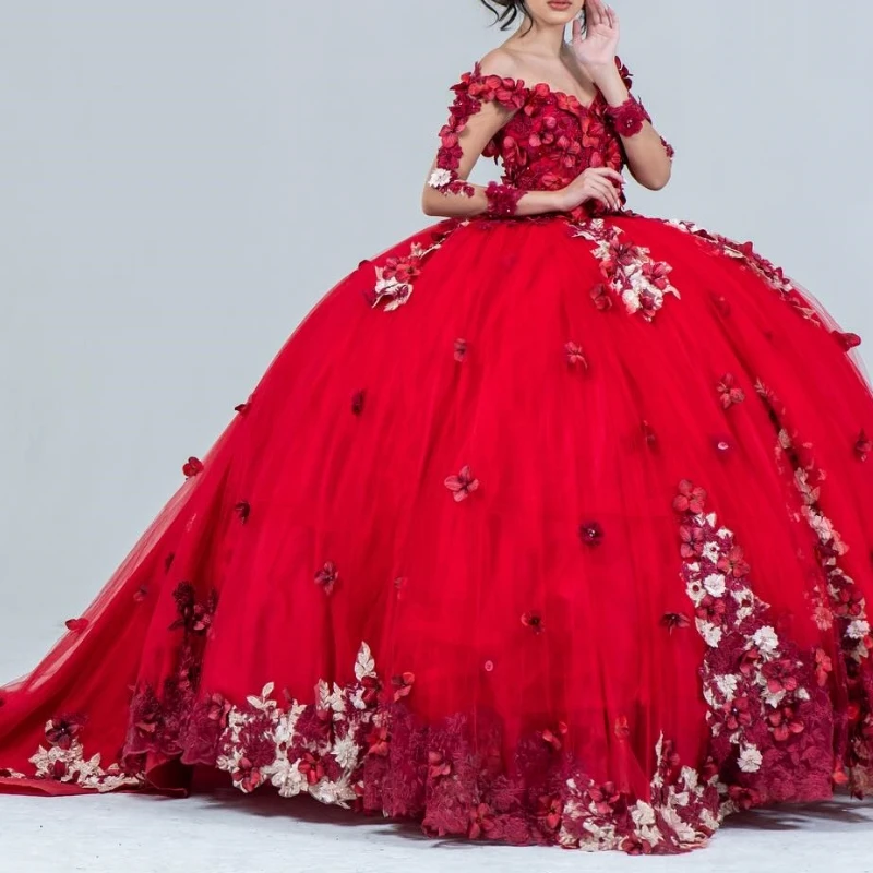 

Red Princess Off The Shoulder Quinceanera Dresses Ball Gown 3D Floral Lace Tull Long Sleeved Corset Sweet 15 Vestidos De XV Años