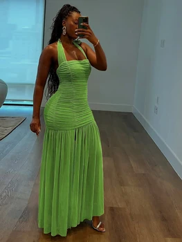 Nibber See Through Hem Dress Women Ruched Halter Summer Trend Sleeveless Backless Patchwork Midnight Clubwear Party Maxi Bodycon 1