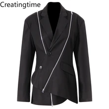 

Creatingtime 2022 Spring New Fashion Tide Women Patchwork Asymmetric Zipper Decoration Long Sleeve Single Breasted Blazer GA217