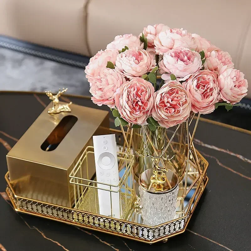 럭셔리 메탈릭 골드 티슈 박스 트레이 보관 항아리, 홈 룸 장식, 꽃 + 유리 꽃 꽃병 장식품, 웨딩 장식