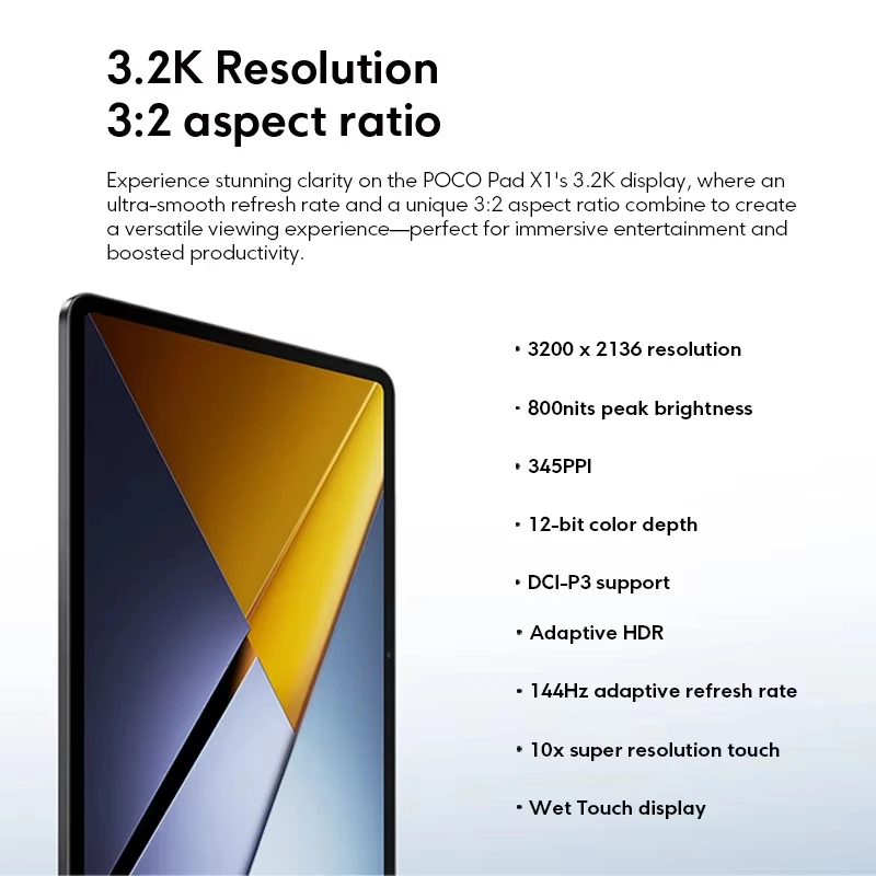 글로벌 버전 포코 패드 X1 태블릿 11.2인치 144Hz 3.2K 디스플레이 스냅드래곤 7+ Gen 3 CPU 8850mAh 배터리 45W 터보 충전