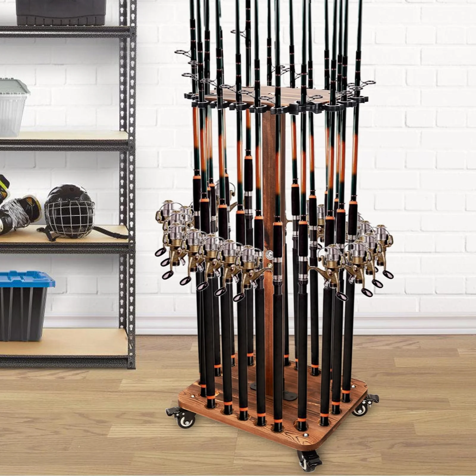 Hikeen Fishing Rod Holders for 360 Degree, Floor Stand Holds up to 24 Rods, Wooden Fishing Rod Racks with Rolling Wheels
