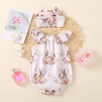 0-24 Months Baby Girls Jumpsuits Easter Costume Outfits Bunny Printed Bodysuit+Headband Fashion Infant Suit Summer Girl Clothing 2