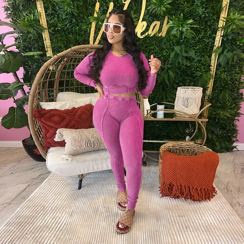 

Однотонные ребристые спортивные костюмы, женский облегающий тренировочный комплект из двух предметов для фитнеса, короткий топ с длинным рукавом, узкие брюки с высокой талией, йога