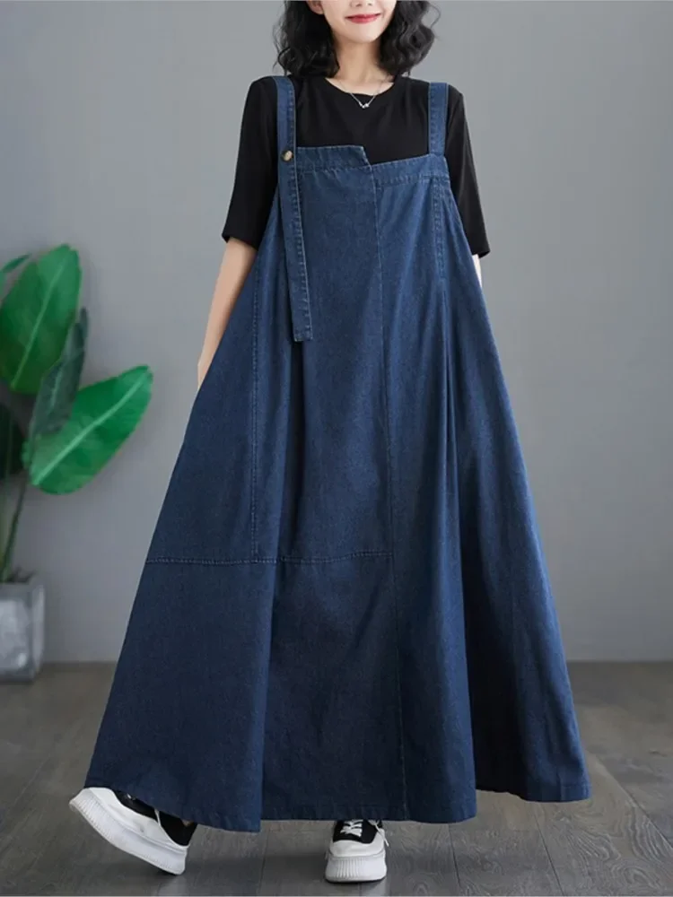 

Denim Oversized Summer Long Strap Dress Women Irregular Casual Modis Loose Ruffle Pleated Ladies Dresses Sleeveless Woman Dress