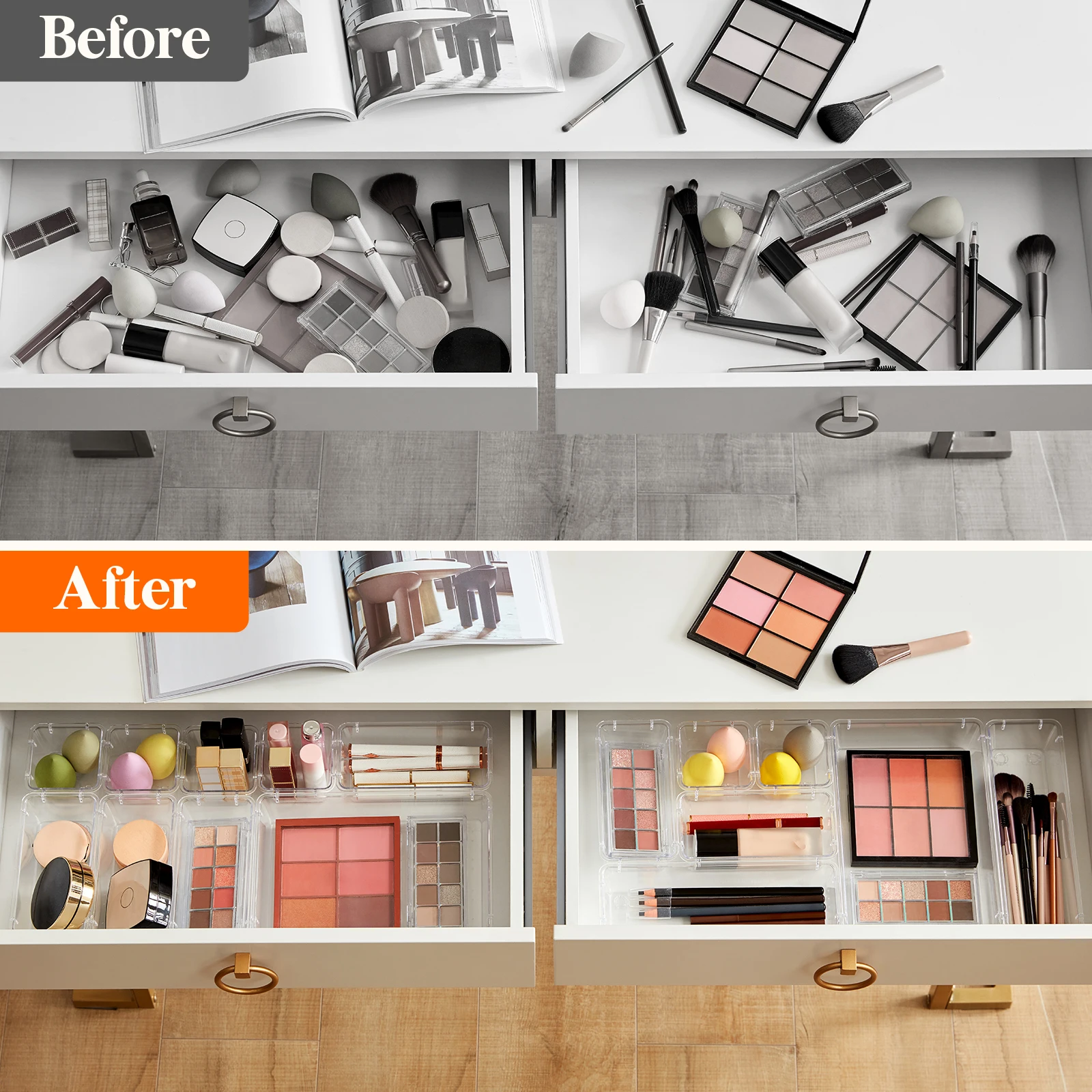 25 PCS Drawer Organizer Set Clear Plastic Desk Drawer Dividers Trays Dresser Storage Bins Separation Box for Makeup,Bedroom