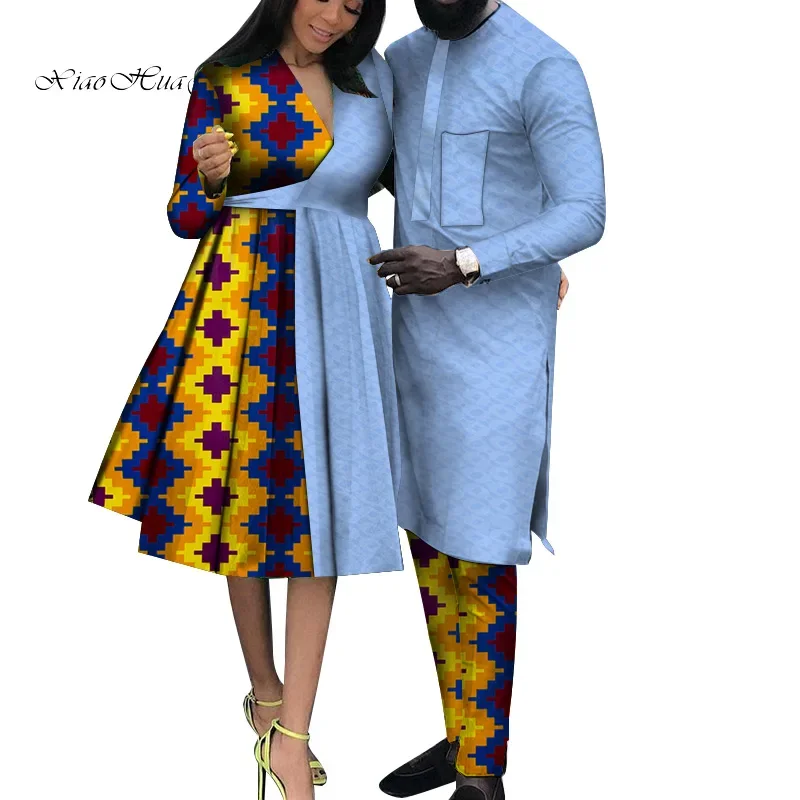 African Matching Outfit for Couples Bazin Riche Women Lace Long Dresses Men  Top and Pants Sets African Print Clothing A20C003