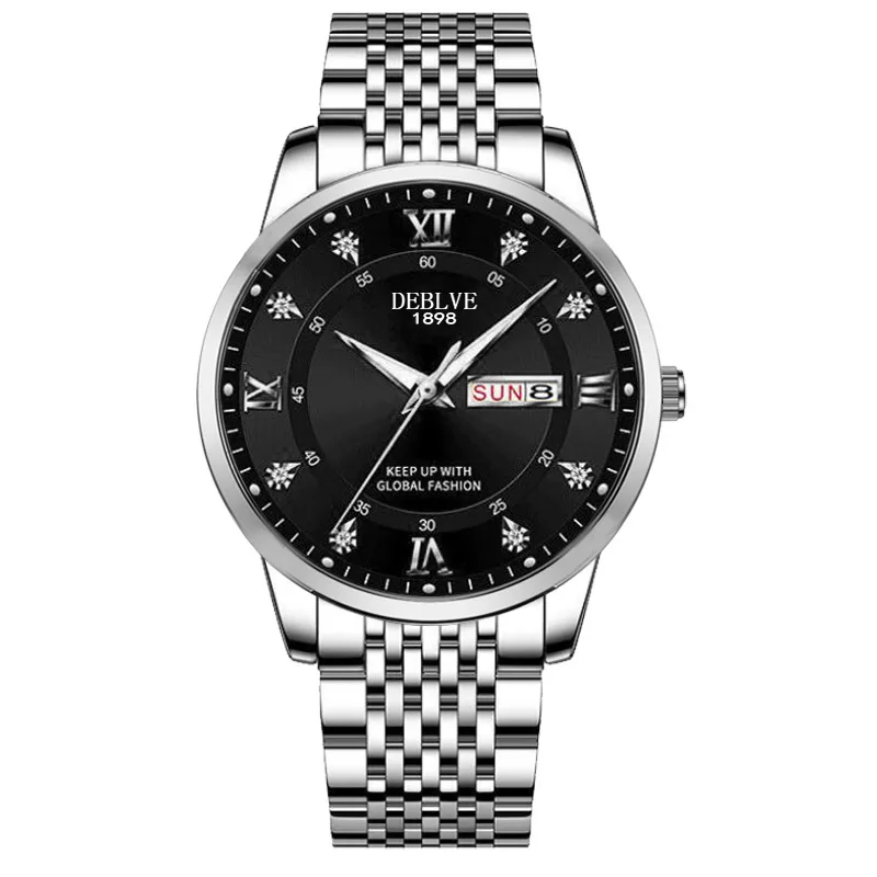 Men's Stainless Steel Luminous Sports Watch with Hidden Buckle and Calendar