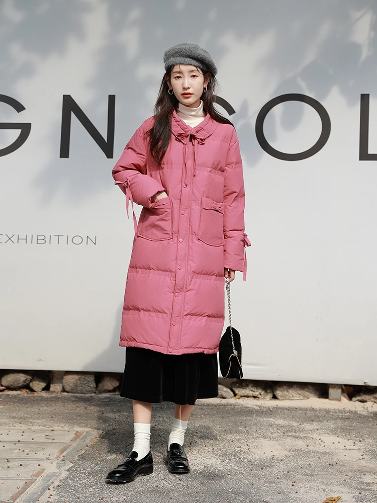 Rose Red White Duck down Jacket Women's Winter Mid-Length Thickened Coat