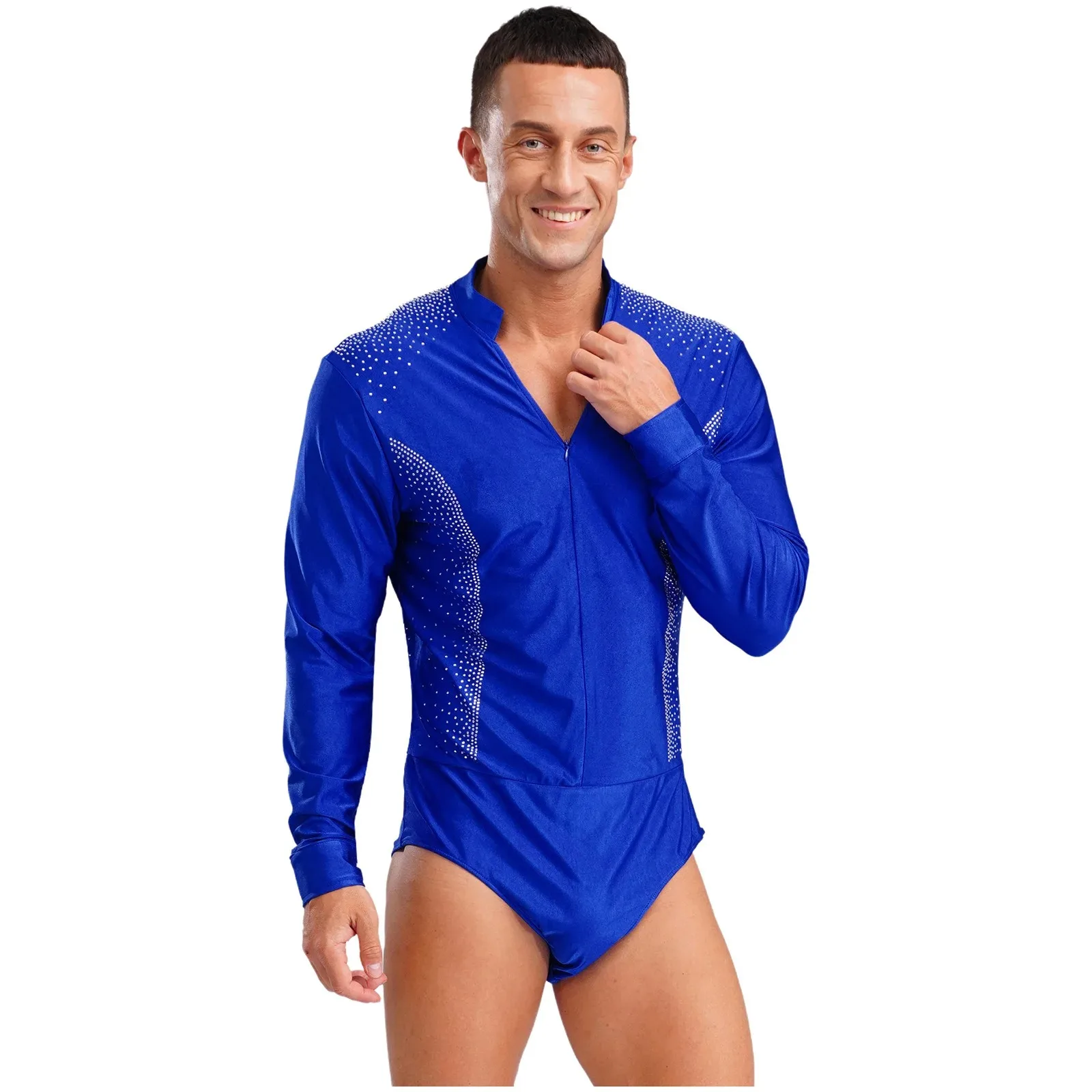 Mens Gymnastics Figure Skating Latin Dance Bodysuit Tango Performance Costume V-neck Long Sleeve Sparkling Rhinestones Leotard
