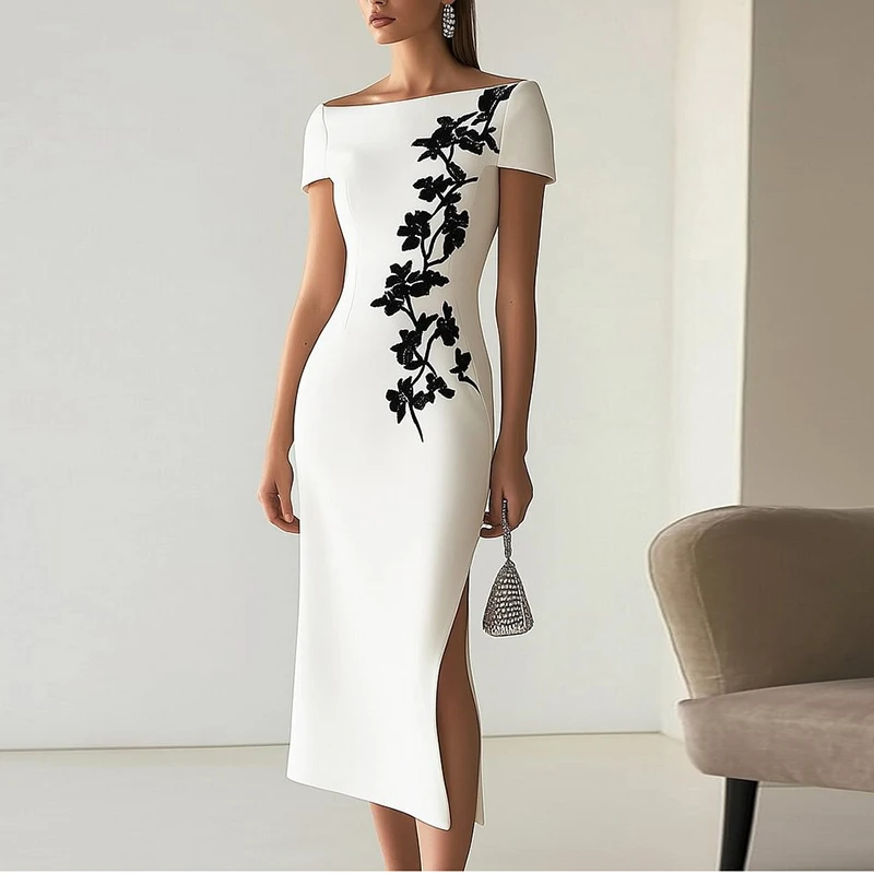 Party Wear Ladies Short Midi Elegant Dress Women Summer O Neck Short Sleeve  Split Up Party