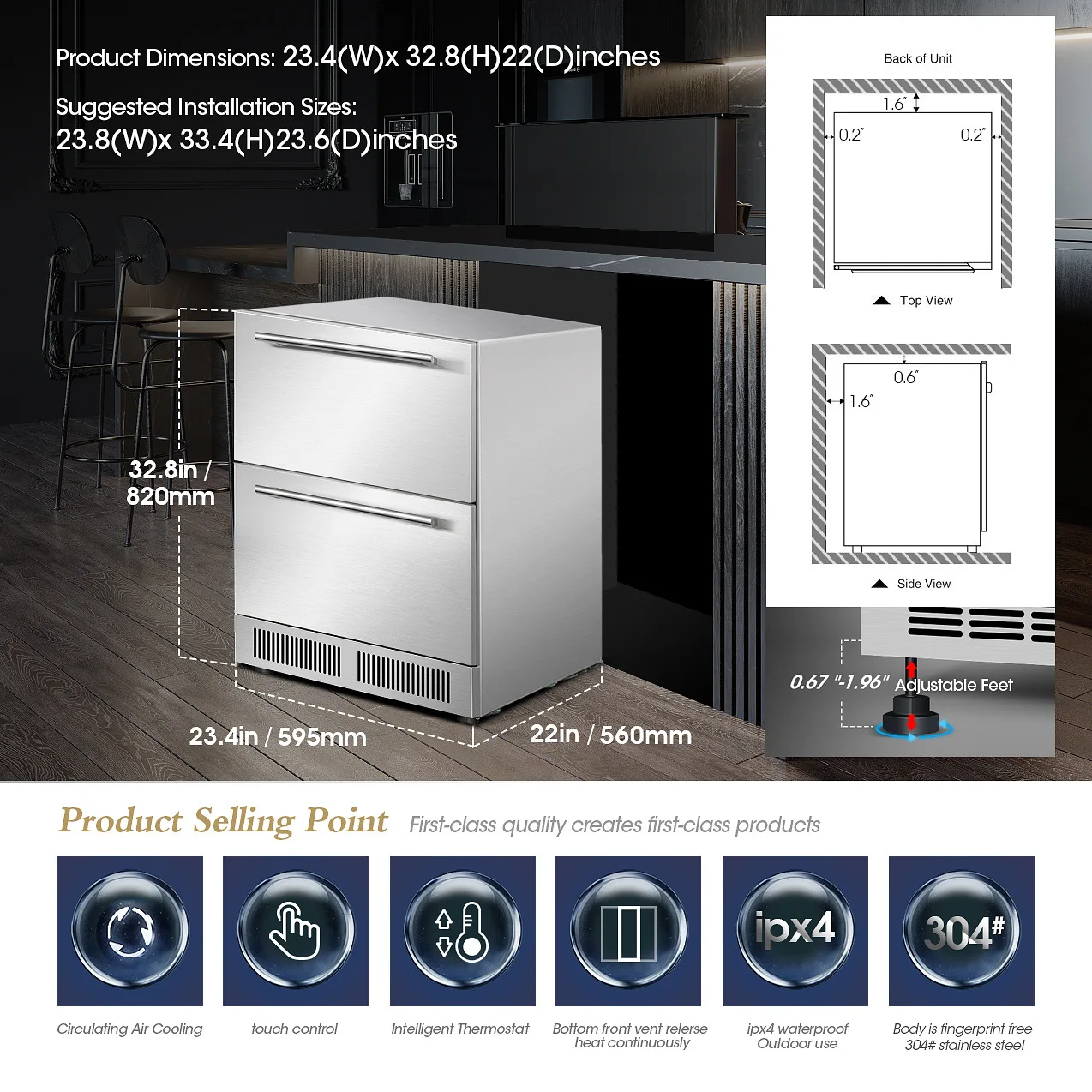 Wine Fridge Undercounter Built-in&Freestanding Drawer Cooler Stainless Steel Indoor&outdoor Beverage Cooler