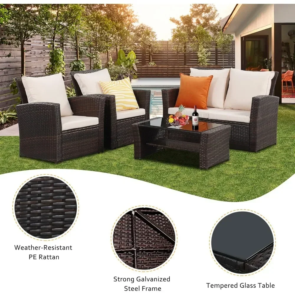 4-piece Set of Outdoor Courtyard Furniture, Courtyard Conversation Sofa with Seat Cushion, Hand Woven Rattan Sofa 4