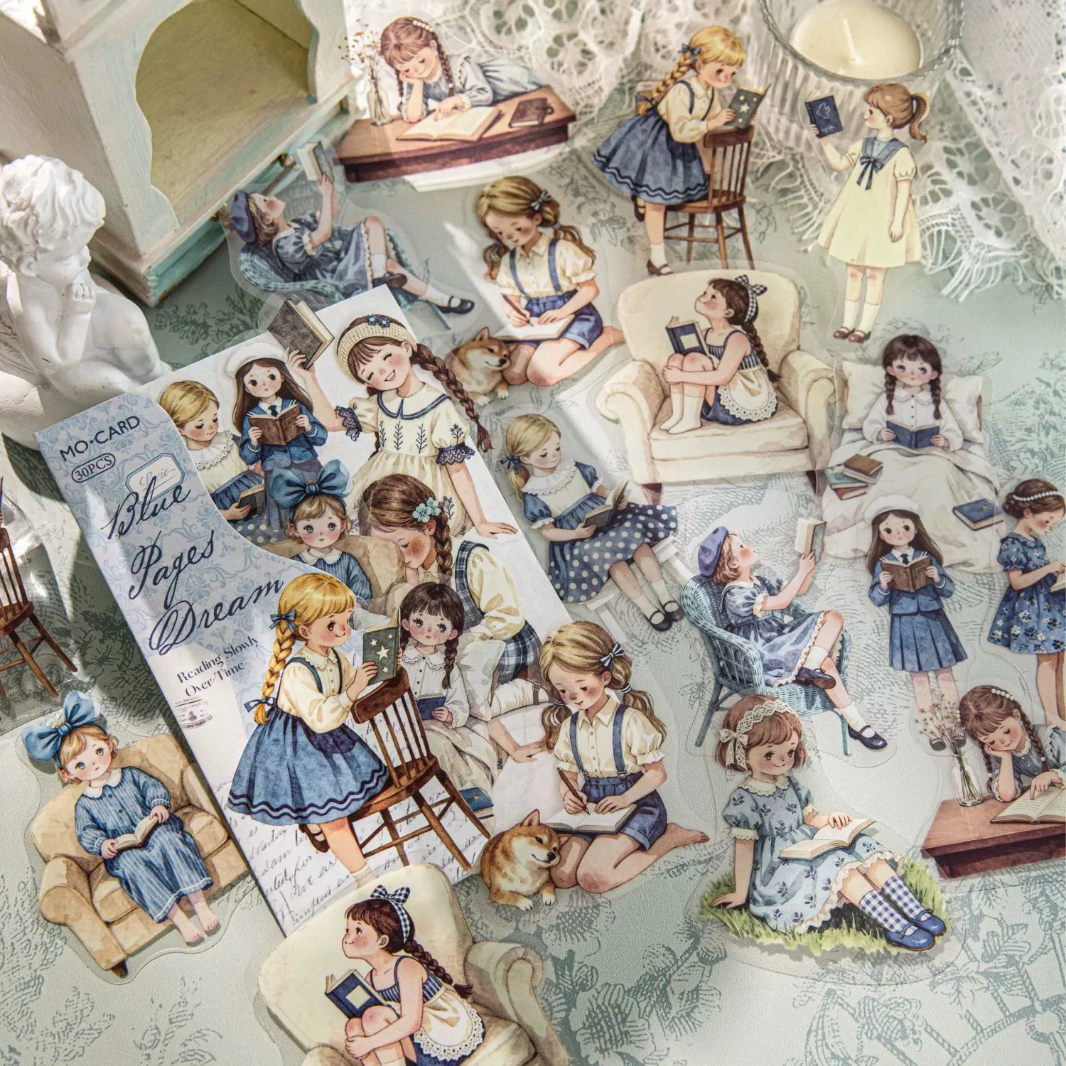 30개입 타임 슬로우 리딩 시리즈 스티커, 빈티지 소녀 저널 스티커, PET 스크랩북 데코레이션 용품, 앨범, 정크 저널