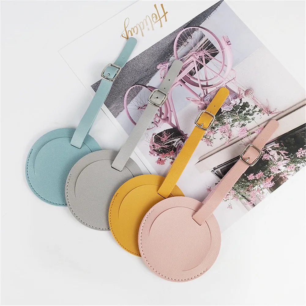 

1pc Multi-Color Round Thickened Pu Leather Luggage Tag Portable Tag Luggage Tag Id Address Holder Student Badge Name Clip