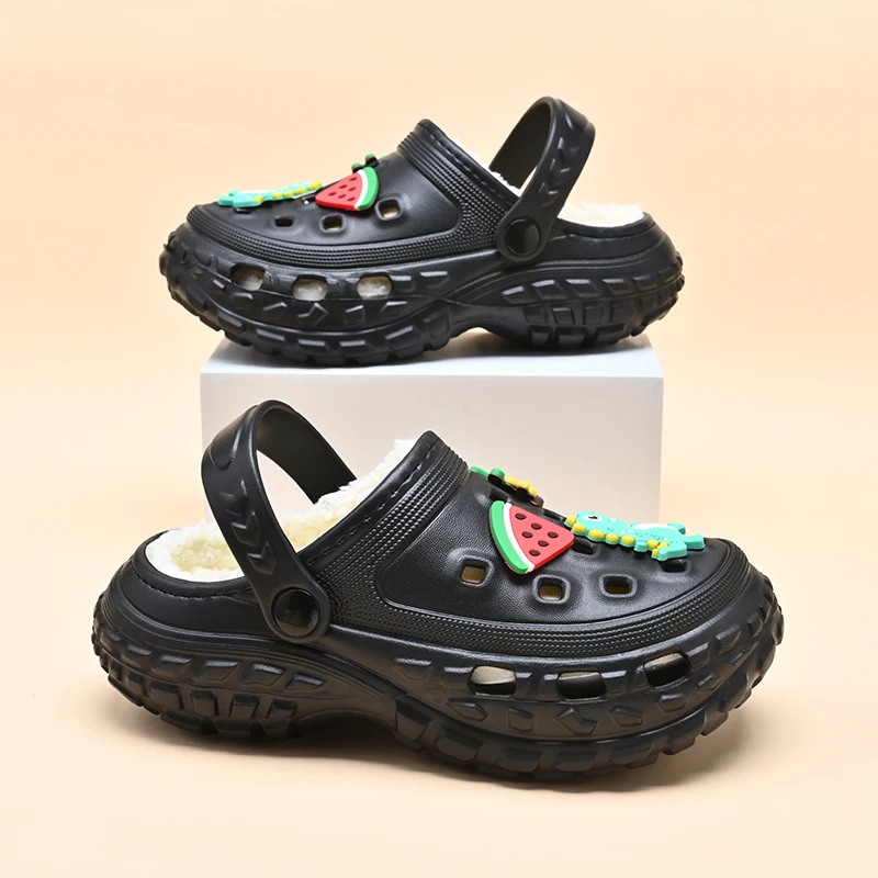 Cotton Shoes Kids Winter Plush Slippers Clogs Outdoor Garden Shoes Cute Cartoon Charms Boys Girls garden clogs shoes eva house slippers children rain boots