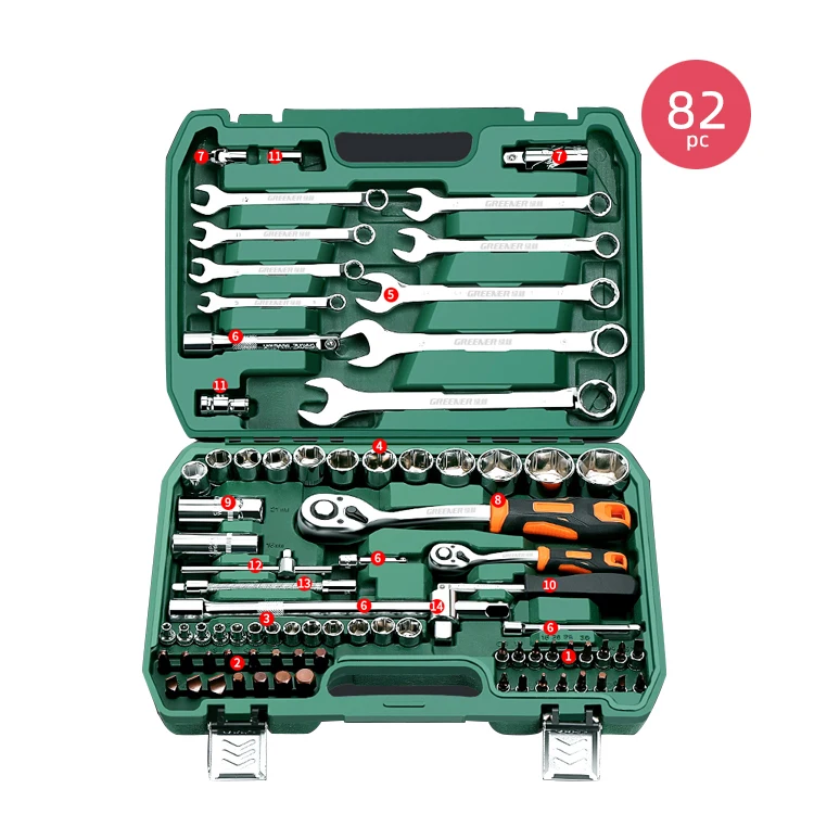 

TFAUTENF 82 piece vehicle tools with combination wrench, socket, ratchet, and plastic storage box for car repair and maintenance