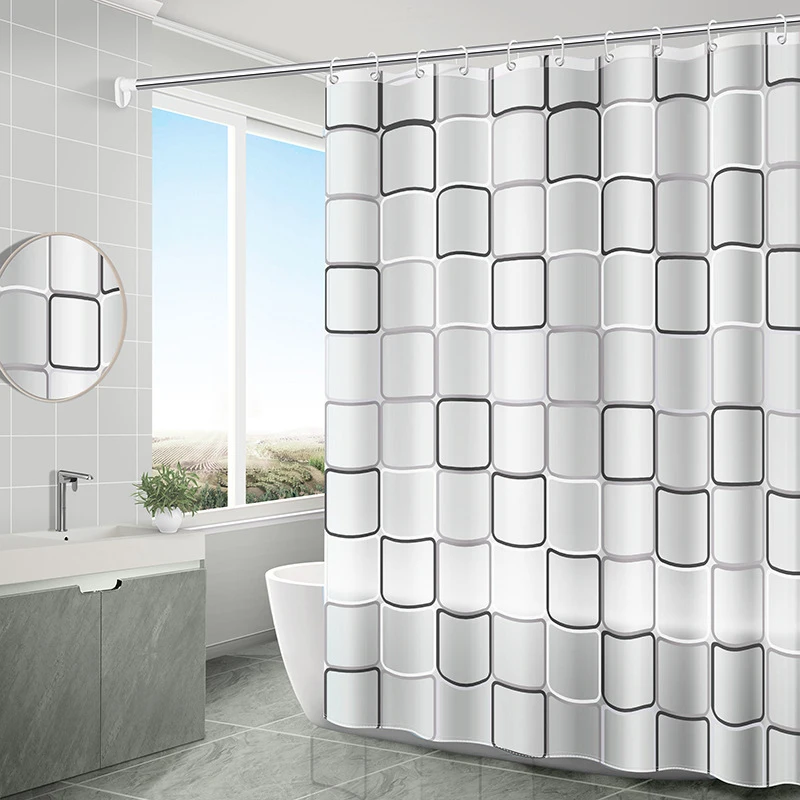 Bathroom Shower Curtain Waterproof Translucent Modern Plaid Pebble Printed Bathing Partition Curtain With Hooks