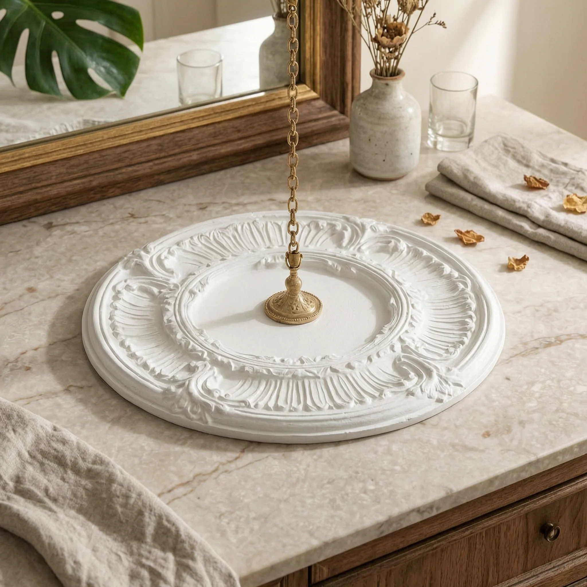 Médaillon de plafond rond en PU, décoratif, avec motif enroulé, plaque lumineuse, collier de finition blanc, léger 1