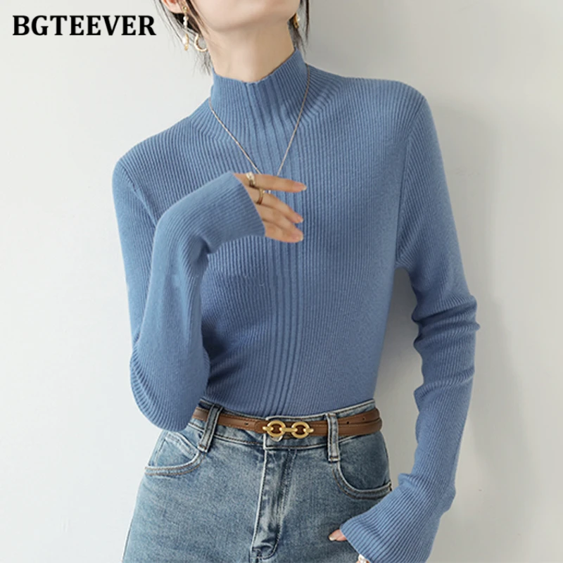 

Элегантные женские свитера BGTEEVER с коротким высоким воротником, весенние и осенние женские обтягивающие вязаные пуловеры с длинным рукавом