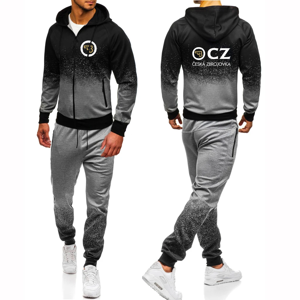 Fall 2023 CZ Ceska Zbrojovka Czech firearms Logo printing gradient sports hooded cardigan zipper coat+jogging casual long sweatp