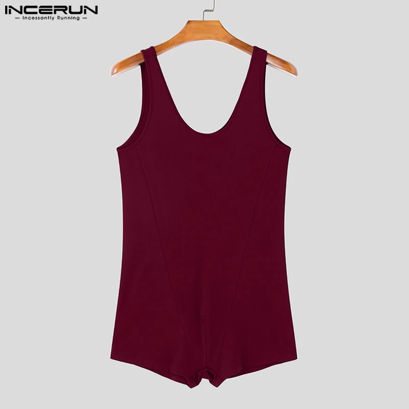 INCERUN Men Well Fitting Bodysuits Casual Solid Color Sleeveless Onesies Handsome Fashion Simple Comfortable Homewear S-3XL