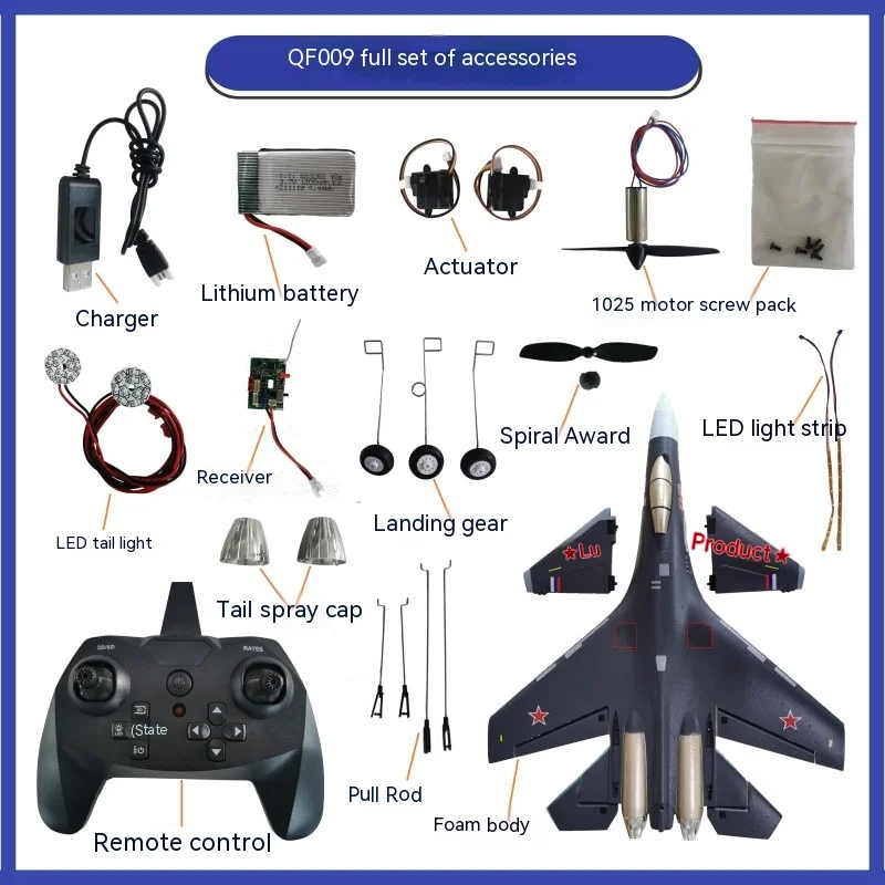 Qf009 Four Channel Remote Control Aircraft Su35 Airframe Steering Engine Led Light Propeller Motor Accessories Assembly Aircraft