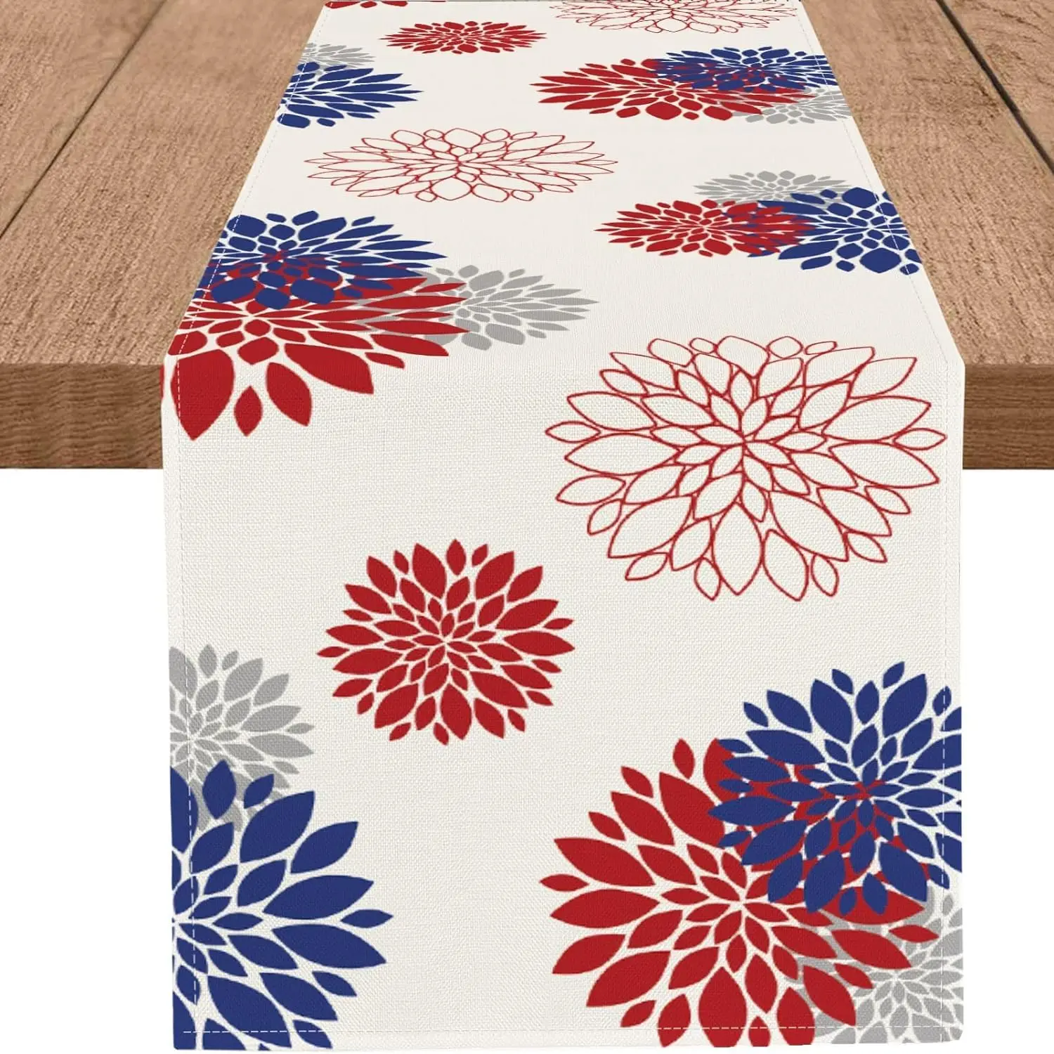 Blue Gray Dahlia Linen Table Runner - Farmhouse Style Holiday Decoration
