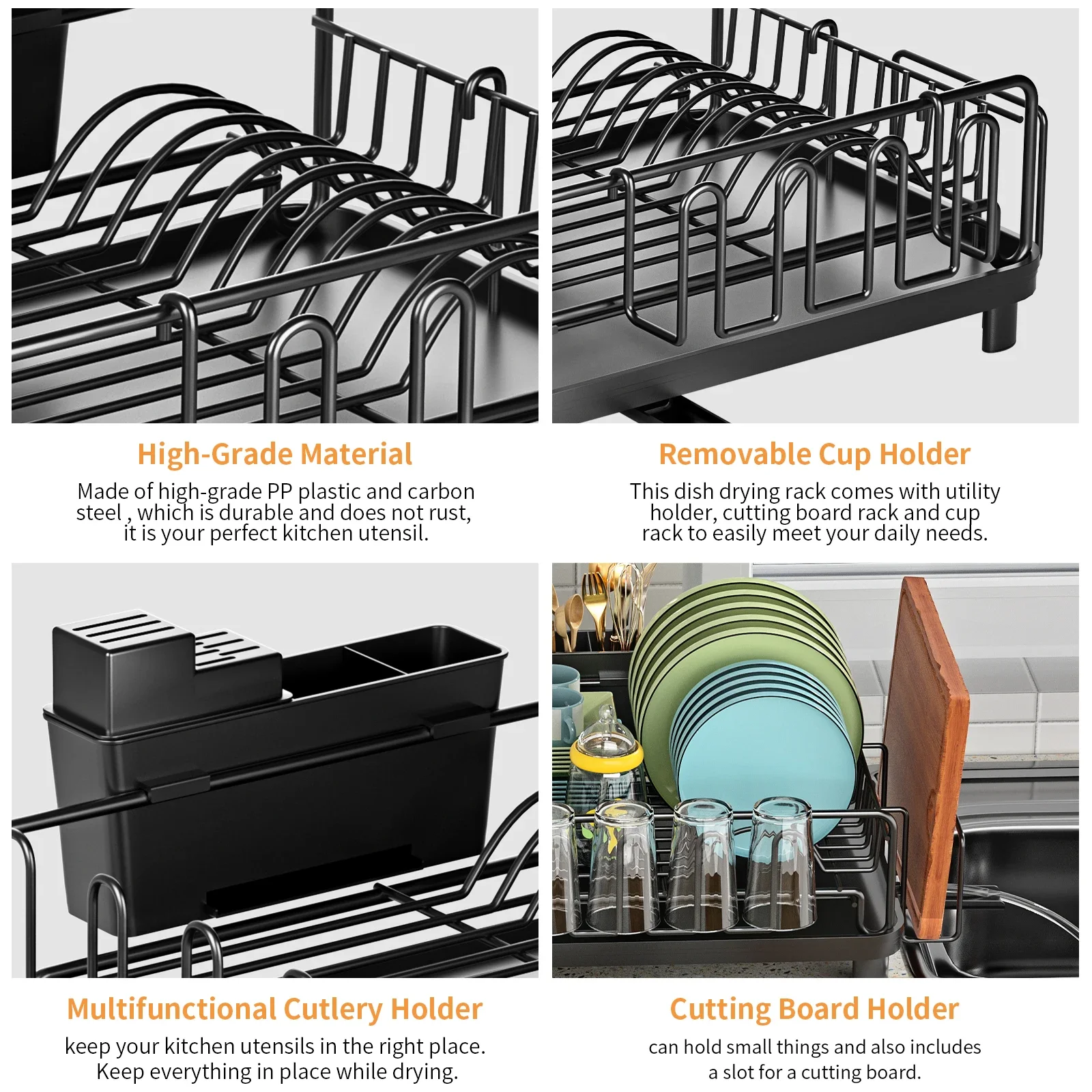 Expandable Dish drying rack Kitchen sink storage rack with drained board Countertop Space-saving Black 4
