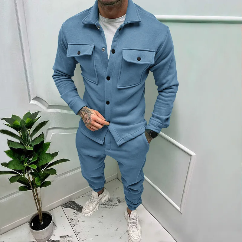 Autumn and Winter Fashion Men's Suede Single-breasted Solid Color Slim Two-piece Set